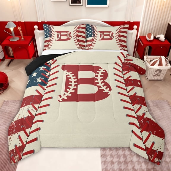 jejeloiu Initial Letter B Twin Comforter Sets,Vintage American Flag Bedding Set For Baseball Lover Reversible 2 Pieces