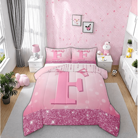 jejeloiu Initial Letter F Queen Comforter Set,Kawaii Bowknot Bedding Sets,Pink Sequin Print Bedding Comforter Set For Girls,Breathable Bedroom Decoration Reversible,3-Piece