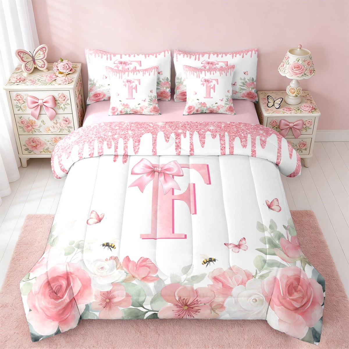 jejeloiu Initial Letter F Twin Bedding Sets 7-Piece,Vintage Rustic Flower Bedding Comforter Set,White Pink Bowtie Sheet Sets For Girls,Breathable Bedroom Decoration Reversible