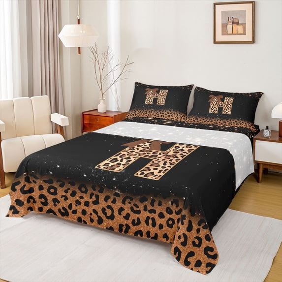 jejeloiu Initial Letter H Bed Sheets For Girls,Glitter Print Leopard Bow tie King Sheets For Kids,4-Piece