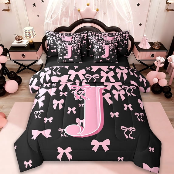 jejeloiu Initial Letter J Bedding Comforter Set 7-Piece,Kawaii Bow Bowknot King Bedding Sets,Light Pink Black Bed For Girls,Breathable Bedroom Decoration Reversible