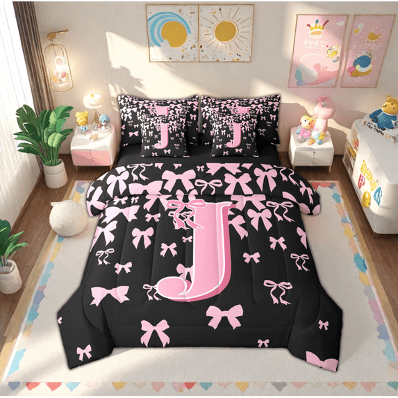 jejeloiu Initial Letter J Bedding Comforter Set 7-Piece,Kawaii Bow Bowknot King Bedding Sets,Light Pink Black Bed Sheets For Girls,Breathable Bedroom Decoration Reversible