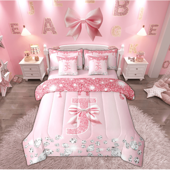 jejeloiu Initial Letter J Bedding Comforter Set 7pcs,Kawaii Bowknot Bow Queen Bedding Sets,Pink Glitter Print Queen Sheet Sets For Girls,Breathable Bedroom Decoration Reversible