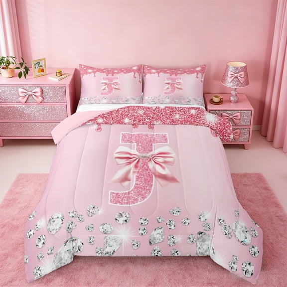 jejeloiu Initial Letter J Bedding Comforter Set,Kawaii Bowknot Bow Twin Comforter Sets,Pink Glitter Print Bedding Set For Girls,Breathable Bedroom Decoration Reversible,2pcs