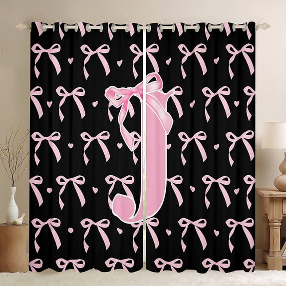 jejeloiu Initial Letter J Black Out Curtains,Kawaii Bowknot Curtains Pack of 2 (42x63 Each),Pink Black Bedroom Curtains For Girls,Breathable Bedroom Decoration