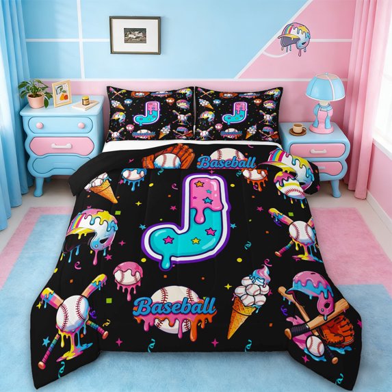 jejeloiu Initial Letter J Full Size Comforter Sets,Baseball Sport Games Bedding Sets For Boys Kids Reversible 3-Piece