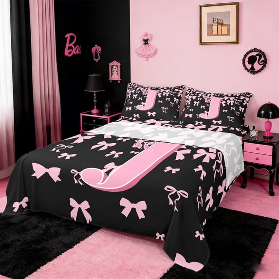 jejeloiu Initial Letter J Full Size Sheets,Kawaii Bow Bowknot Bed Sheets,Light Pink Black Sheet Sets For Girls,Breathable Bedroom Decoration,4pcs