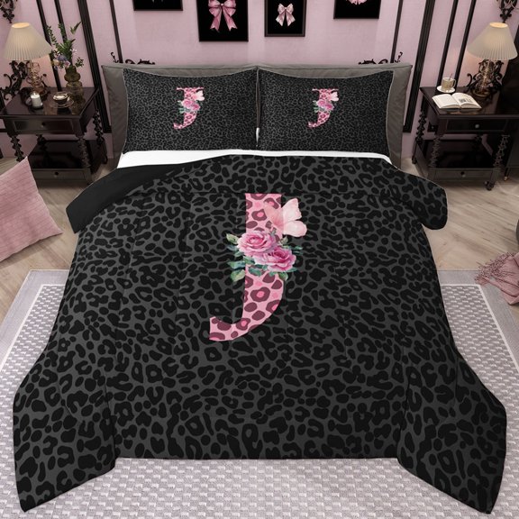 jejeloiu Initial Letter J Queen Comforter Set,Pink Romantic Flower Bedding Comforter Set For Girls Teens Reversible 3pcs