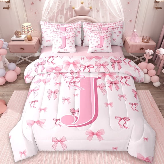 jejeloiu Initial Letter J Twin Bedding Sets 7-Piece,Kawaii Bow Bowknot Bedding Comforter Set,Light Pink Sheet Sets For Girls,Breathable Bedroom Decoration Reversible