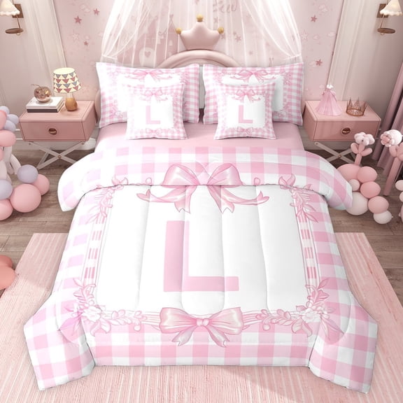 jejeloiu Initial Letter L 7-Piece Twin Bedding Sets,Cute Bows Bedding Comforter Set For Bowknot Lover Reversible