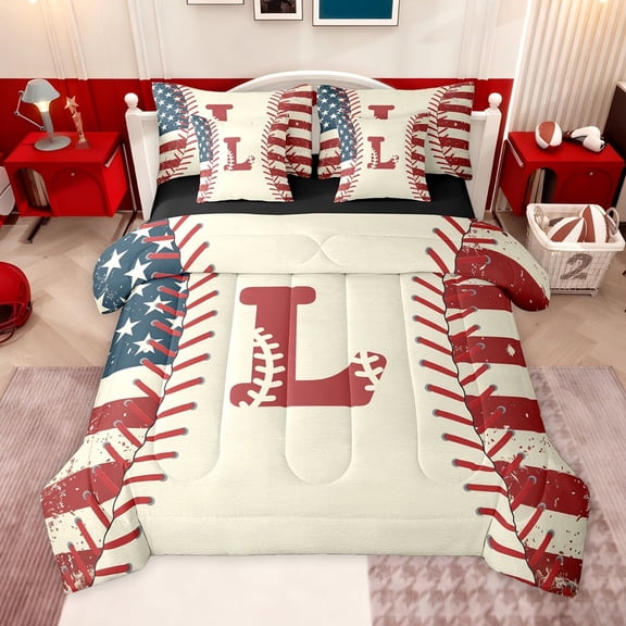 jejeloiu Initial Letter L 7 Pieces Bedding Comforter Set,Vintage American Flag Full Bedding Set For Baseball Lover Reversible