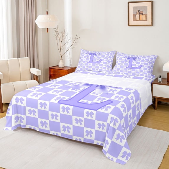 jejeloiu Initial Letter L Bed Sheets,Purple Kawaii Bows King Sheets For Bowtie Lover 4pcs