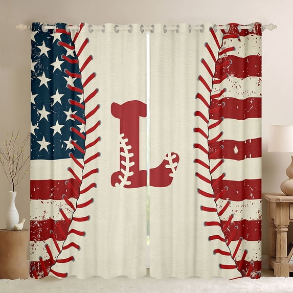 jejeloiu Letter L Blackout Curtain Set of 2,Vintage American Flag Baseball,52x84 Inch