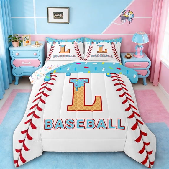 jejeloiu Initial Letter L Full Size Comforter Sets,Baseball Games Bedding Sets For Ball Gamer Reversible 3 Pieces