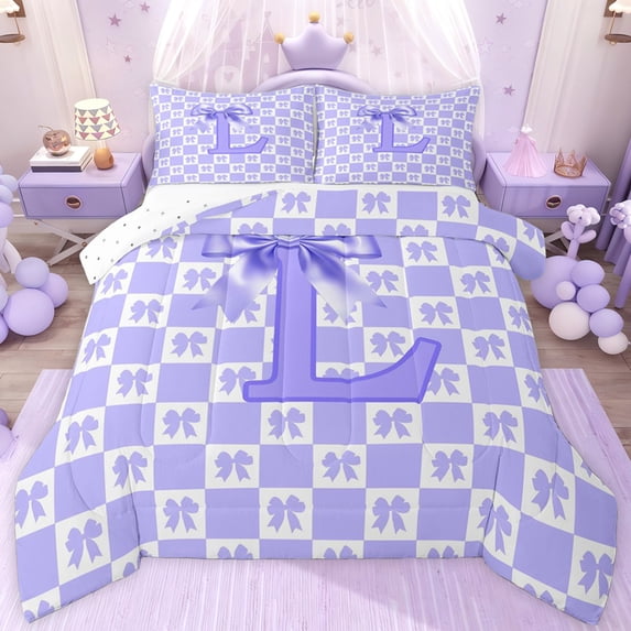 jejeloiu Initial Letter L Full Size Comforter Sets,Purple Kawaii Bows Bedding Sets For Bowtie Lover Reversible 3-Piece