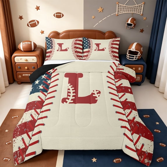 jejeloiu Initial Letter L Full Size Comforter Sets,Vintage American Flag Bedding Sets For Baseball Lover Reversible 3-Piece