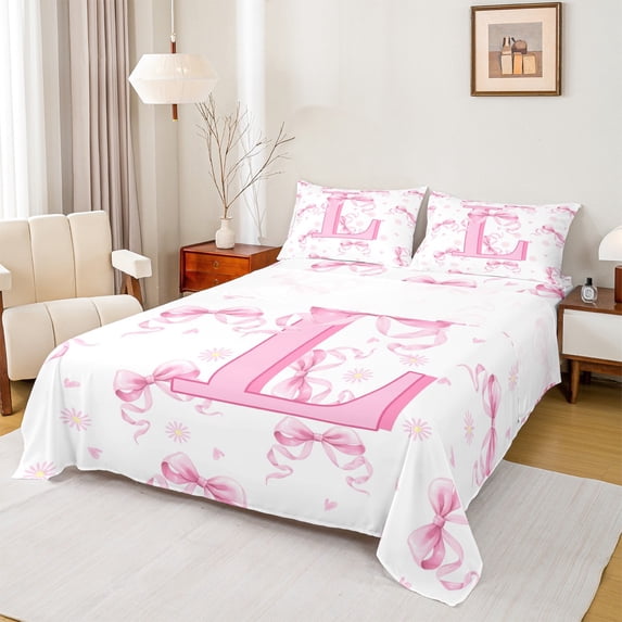 jejeloiu Initial Letter L Full Size Sheets,Chic Bow Knot Bed Sheets,Pink White Floral Sheet Sets For Girl,Breathable Bedroom Decoration,4-Piece