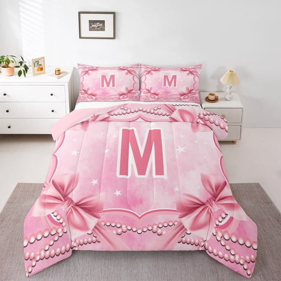 jejeloiu Initial Letter M Queen Comforter Set,Girls Kawaii Bowknot Bedding Sets,Pink White Stars Bedding Comforter Set For Girls,Breathable Bedroom Decoration Reversible,3-Piece