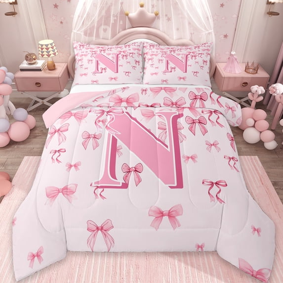 jejeloiu Initial Letter N Bedding Comforter Set,Kawaii Bow Bowknot Twin Comforter Sets,Light Pink Bedding Set For Girls,Breathable Bedroom Decoration Reversible,2-Piece