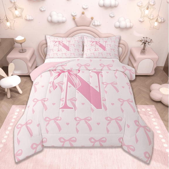 jejeloiu Initial Letter N Queen Comforter Set,Kawaii Bowknot Bedding Sets,Pink White Bedding Comforter Set For Girls,Breathable Bedroom Decoration Reversible,3 Pieces