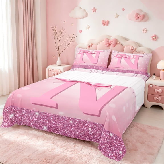 jejeloiu Initial Letter N Twin Sheet Sets,Kawaii Bowknot Twin Fitted Sheet,Pink Sequin Print Flat Sheet For Girls,Breathable Bedroom Decoration,3-Piece