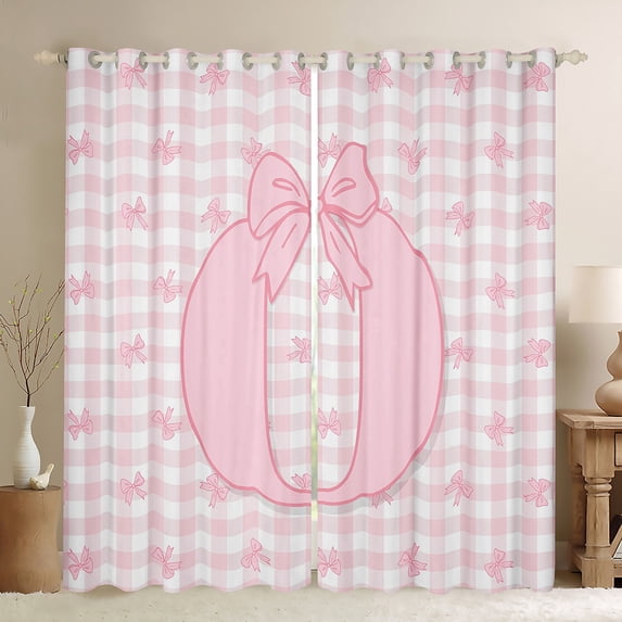 jejeloiu Initial Letter O Blackout Curtains Set of 2 (52x84 Each),Kawaii Bowknot Boetie Window Curtains,Pink White Grid Curtains and Drapes For Girls,Breathable Bedroom Decoration