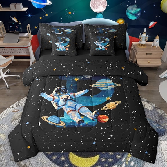 jejeloiu Initial Letter P 7 Pieces Bedding Comforter Set,Galaxy Starry Night Full Bedding Set,Cute Astronsut Fitted Sheet Flat Sheet For Kids,Breathable Bedroom Decoration Reversible