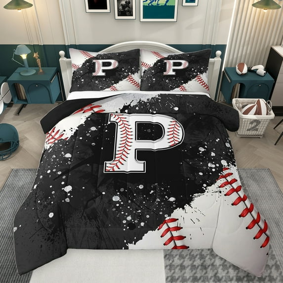 jejeloiu Initial Letter P Full Size Comforter Sets,Baseball Game Lovers Bedding Comforter Set,Ball Sport Theme Bedding Sets For Kids,Breathable Bedroom Decoration Reversible,3-Piece