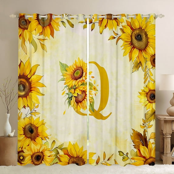 jejeloiu Initial Letter Q Curtains Pack of 2 (42x84 Each),Vintage Country Sunflower Curtains Blackout,Rustic Farmhouse Cabin Bedroom Curtains For Girl,Breathable Bedroom Decoration