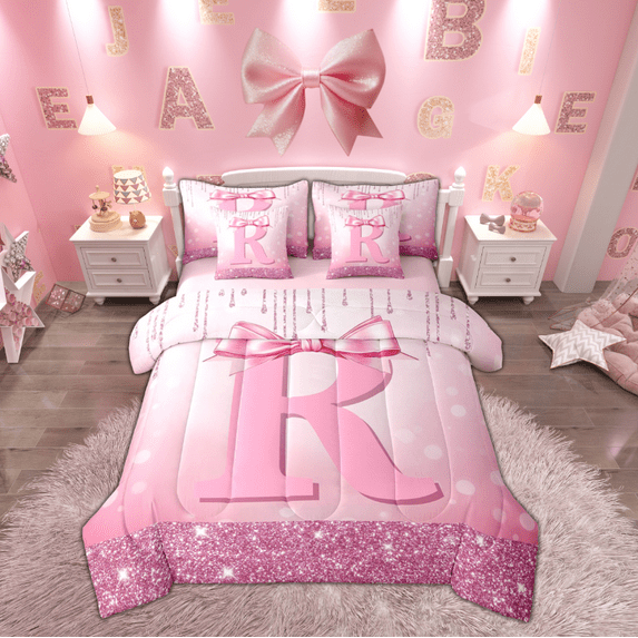 jejeloiu Initial Letter R Bedding Comforter Set 7-Piece,Kawaii Bowknot King Bedding Sets,Pink Sequin Print Bed Sheets For Girls,Breathable Bedroom Decoration Reversible