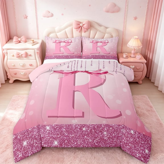 jejeloiu Initial Letter R Bedding Comforter Set,Kawaii Bowknot Twin Comforter Sets,Pink Sequin Print Bedding Set For Girls,Breathable Bedroom Decoration Reversible,2 Pieces