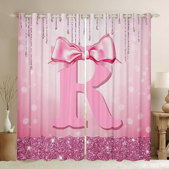 jejeloiu Initial Letter R Black Out Curtains,Kawaii Bowknot Curtains Pack of 2 (42x63 Each),Pink Sequin Print Bedroom Curtains For Girls,Breathable Bedroom Decoration