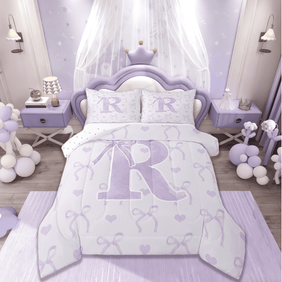 jejeloiu Initial Letter R Queen Comforter Set,Kawaii Bow Bowknot Bedding Sets,Light Purple White Bedding Comforter Set For Girls,Breathable Bedroom Decoration Reversible,3 Pieces