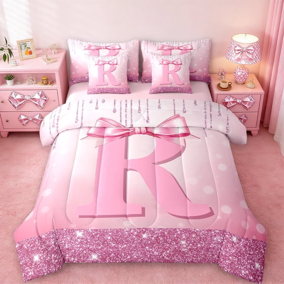 jejeloiu Initial Letter R Twin Bedding Sets 7-Piece,Kawaii Bowknot Bedding Comforter Set,Pink Sequin Print Sheet Sets For Girls,Breathable Bedroom Decoration Reversible