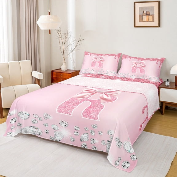 jejeloiu Initial Letter R Twin Sheet Sets,Kawaii Bowknot Bow Twin Fitted Sheet,Pink Glitter Print Flat Sheet For Girls,Breathable Bedroom Decoration,3 Pieces