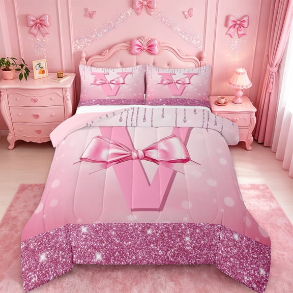 jejeloiu Initial Letter V Bedding Comforter Set,Kawaii Bowknot Twin Comforter Sets,Pink Sequin Print Bedding Set For Girls,Breathable Bedroom Decoration Reversible,2pcs