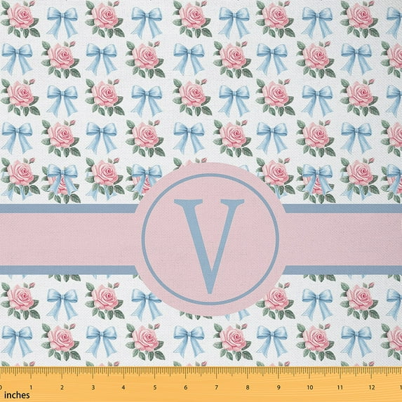 jejeloiu Initial Letter V Fabric by the Yard 10 Yards,Rustic Flower Floral Room Decor Fabric by the Yard,Pink Blue White Sewing Fabric For Girl,Breathable Bedroom Decoration