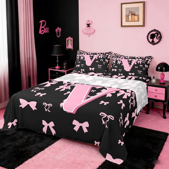 jejeloiu Initial Letter V Full Size Sheets,Kawaii Bow Bowknot Bed Sheets,Light Pink Black Sheet Sets For Girls,Breathable Bedroom Decoration,4pcs