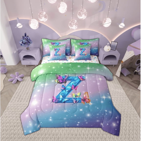 jejeloiu Initial Letter Z Bedding Comforter Set,7-Piece,Watercolor Flower Floral King Bedding Sets,Colorful Sequin Print Bed Sheets For Girls,Breathable Bedroom Decoration Reversible