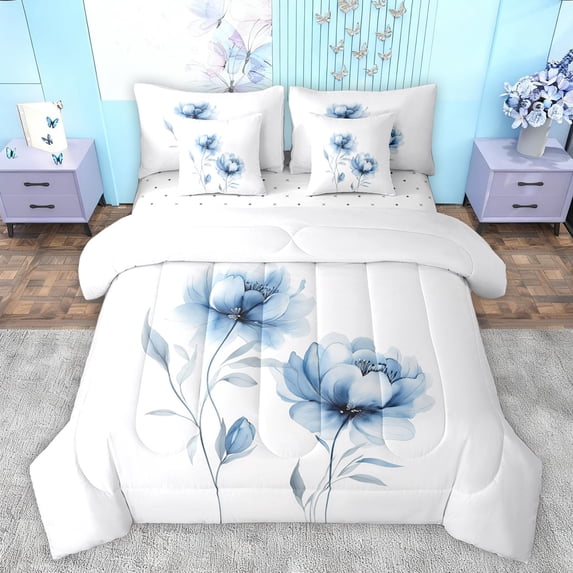 jejeloiu Ink Aesthetic Art 7pcs Bedding Comforter Set,Retro Rustic Floral Queen Bedding Sets,Blue White Queen Sheet Sets For Kids,Ultra Soft Home Decor Reversible