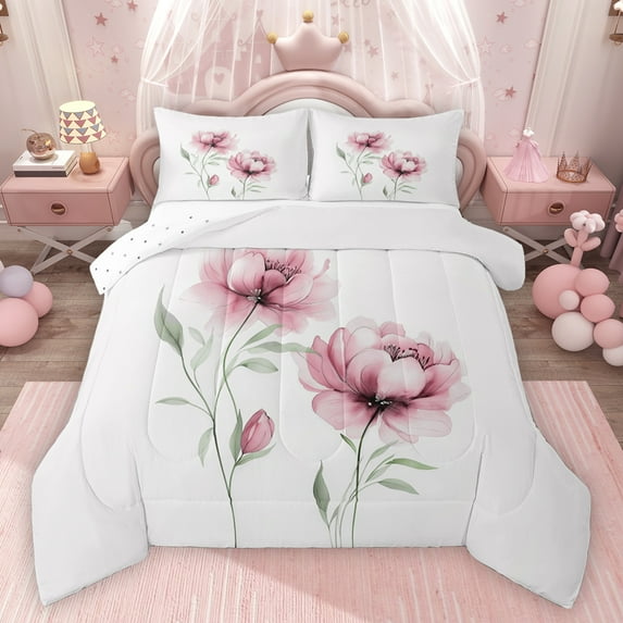 jejeloiu Ink Aesthetic Art Queen Comforter Set,Retro Rustic Floral Bedding Sets,White Pink Bedding Comforter Set For Kids,Ultra Soft Home Decor Reversible,3pcs