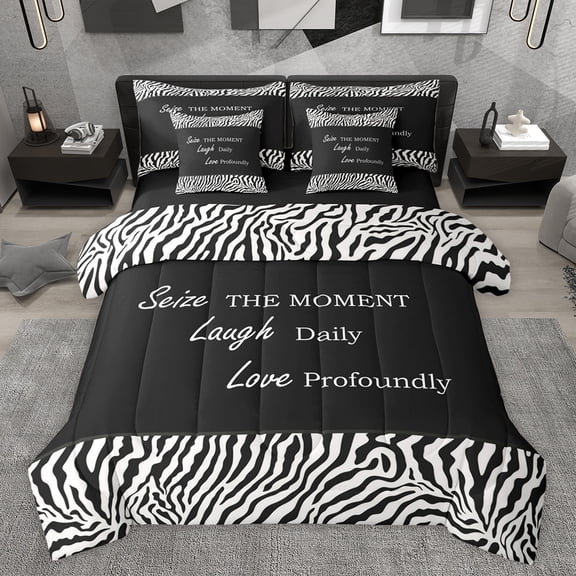 jejeloiu Inspirational Quote Theme 7-Piece Twin Bedding Sets,Wild Zebra Stripes Bedding Comforter Set,White Black Sheet Sets For Girls Boys,Microfiber Bedroom Decor Reversible
