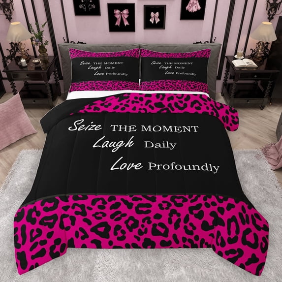 jejeloiu Inspirational Quote Theme Queen Comforter Set,Wild Cheetah Texture Bedding Sets,Hotpink Black Bedding Comforter Set For Girls Boys,Microfiber Bedroom Decor Reversible,3 Pieces