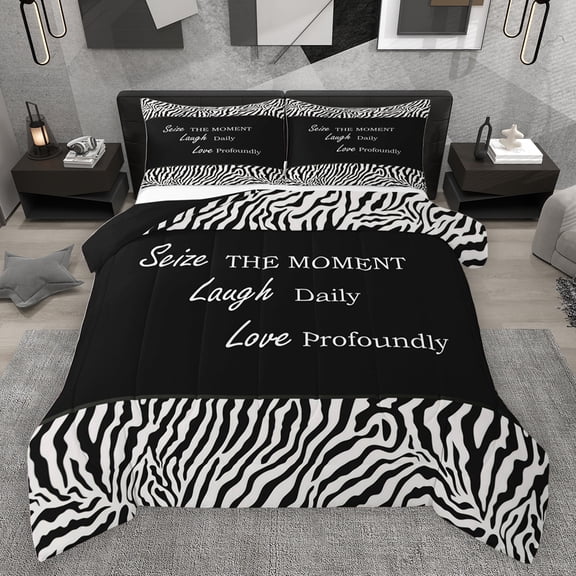 jejeloiu Inspirational Quote Theme Queen Comforter Set,Wild Zebra Stripes Bedding Sets,White Black Bedding Comforter Set For Girls Boys,Microfiber Bedroom Decor Reversible,3pcs