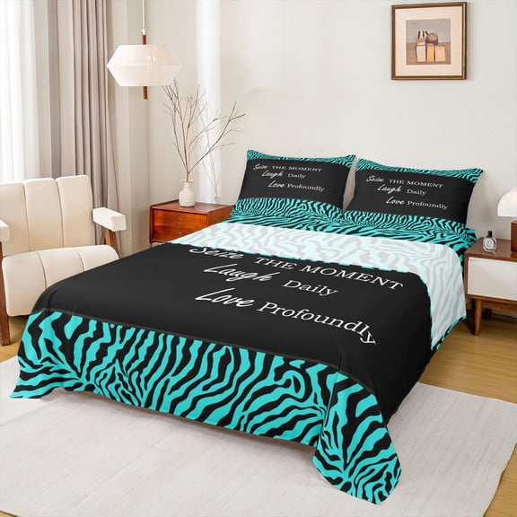 jejeloiu Inspirational Quote Theme Twin Sheet Sets,Wild Zebra Stripes Twin Fitted Sheet,Cyan Black Flat Sheet For Girls Boys,Microfiber Bedroom Decor,3pcs