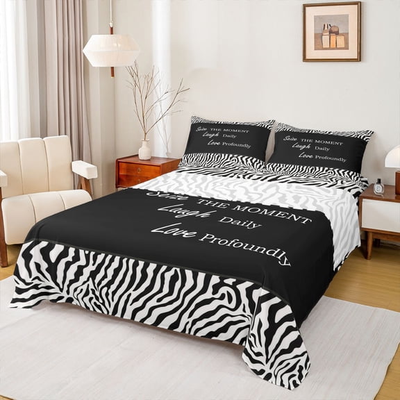 jejeloiu Inspirational Quote Twin Sheet Set,Zebra Stripes White Black,Microfiber Decor,3-Piece