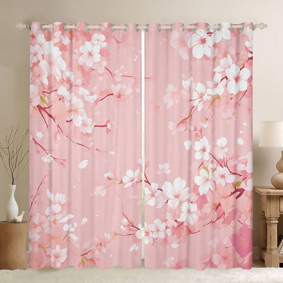 jejeloiu Japanese Cherry Blossom Black Out Curtains,Kawaii Floral Plants Curtains Pack of 2 (42x63 Each),Pink Flowers Leaves Bedroom Curtains For Ultra Soft Home Decor