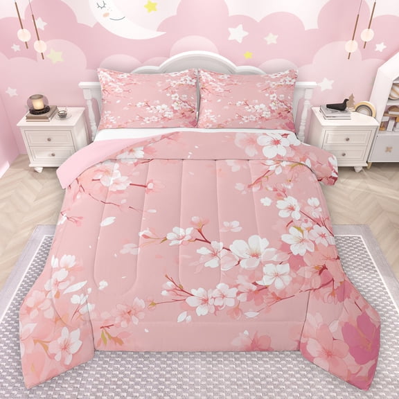 jejeloiu Japanese Cherry Blossom Queen Comforter Set,Kawaii Floral Plants Bedding Sets,Pink Flowers Leaves Bedding Comforter Set For Ultra Soft Home Decor Reversible,3-Piece