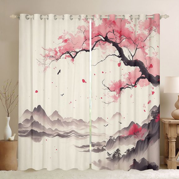 jejeloiu Japanese Minimalist Style Black Out Curtains,Pink Cherry Blossoms Curtains Pack of 2 (42x63 Each),Pink Beige Gray Bedroom Curtains For Adults,Breathable Home Decor