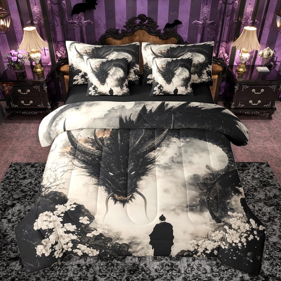 jejeloiu Japanese Samurai 7-Piece Twin Bedding Sets,Western Fantasy Animal Dragon Bedding Comforter Set,White Cherry Blossom Sheet Sets For Boys,Luxury Bedroom Decor Reversible